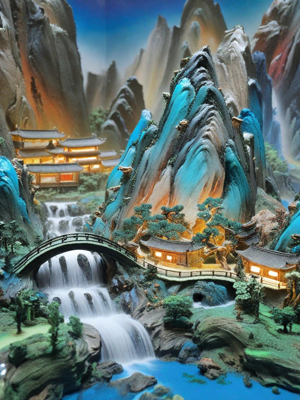 Midjourney - 中国风金色山水建筑立体效果微缩模型奇域ai关键词咒语 奇域画廊-Ai宇宙吧