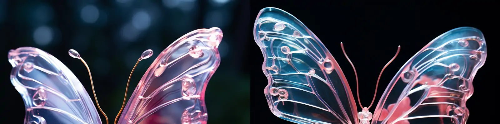 超现实流行透明塑料玻璃晶莹剔透蝴蝶树枝手工艺品艺术摄影海报midjourney关键词咒语