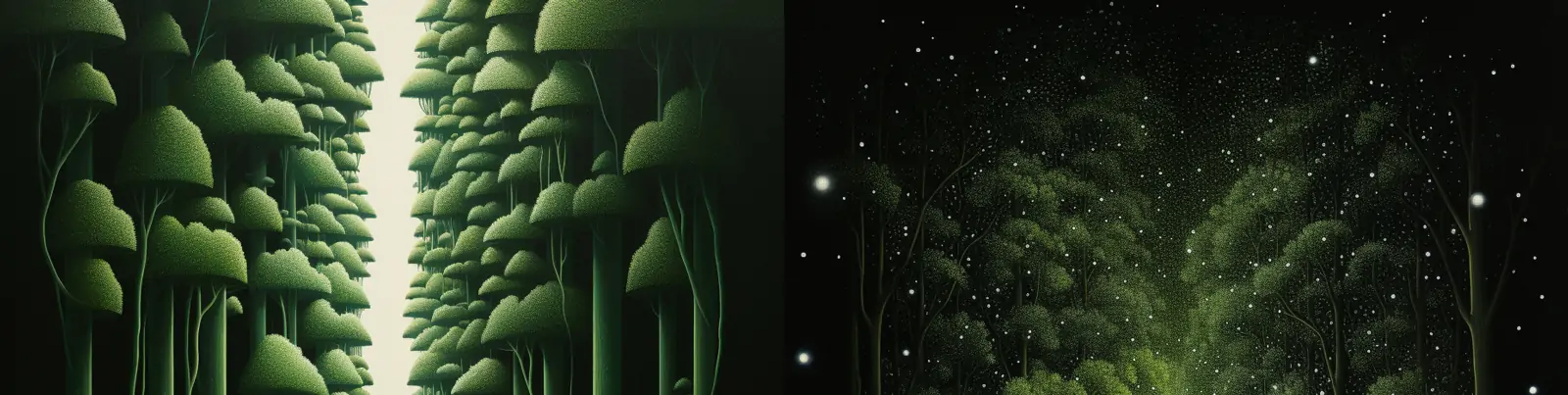 绿色森林植物树木神秘楼梯台阶场景人物背影艺术绘画插图海报背景midjourney关键词咒语分享