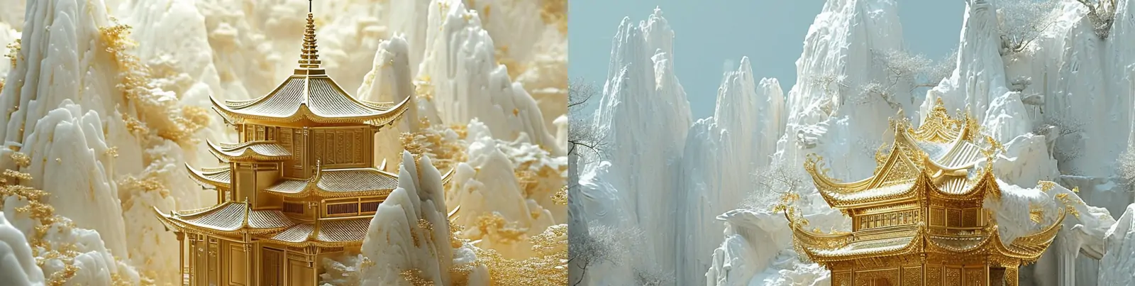 中国风冰山金色佛教艺术建筑阁楼自然山水风景逼真立体模型海报midjourney关键词咒语
