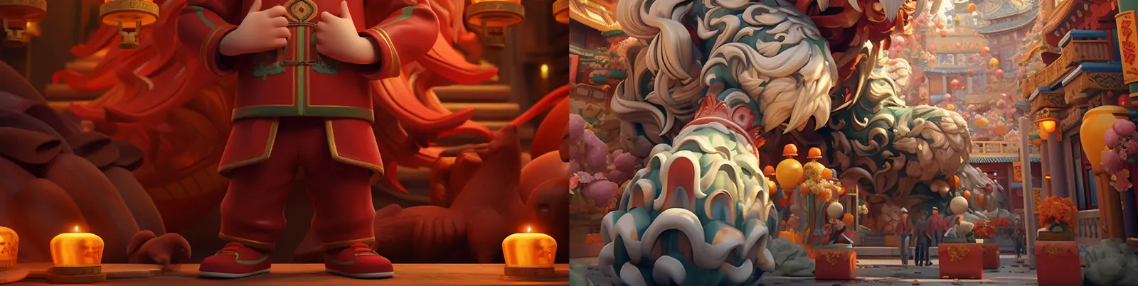 红色喜庆卡通中国风新年元旦春节舞狮庆祝场景海报midjourney关键词咒语