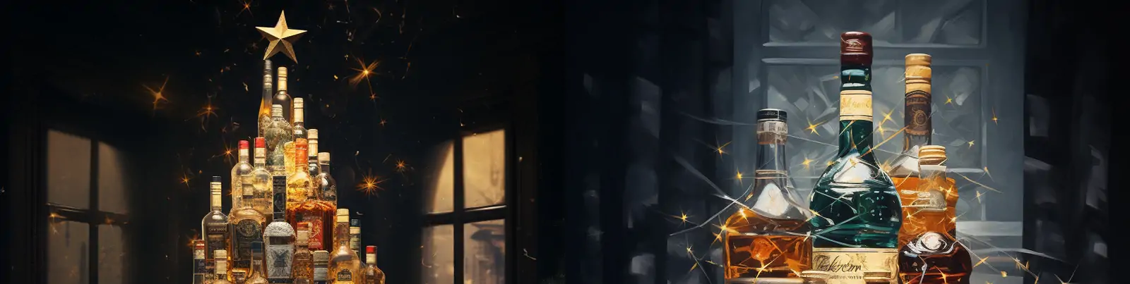 创意数字艺术风格圣诞节威士忌酒瓶圣诞树形状摄影海报midjourney关键词咒语