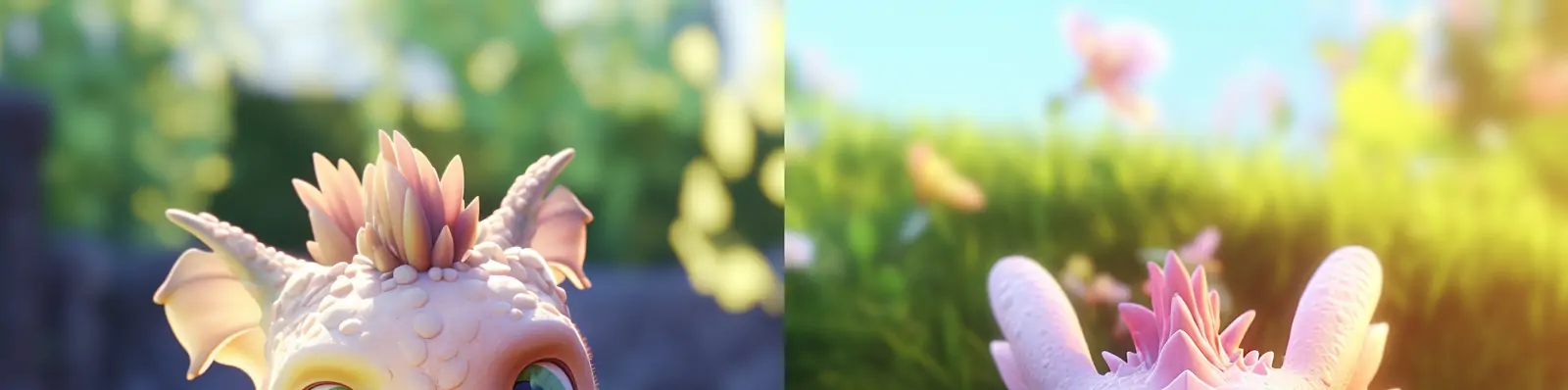 3D立体可爱卡通恐龙宝宝草坪花坛场景摄影海报Midjourney关键词提示词咒语