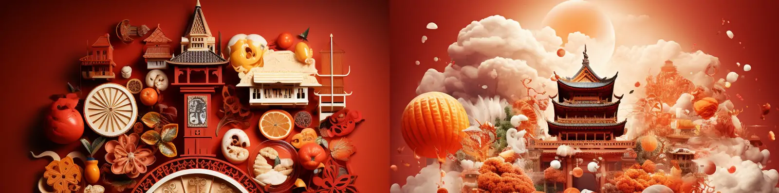 红色中国风新年元旦春节装饰元素建筑阁楼庆祝海报背景midjourney关键词咒语