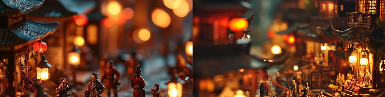复古唐朝街道建筑士兵灯笼光效微观模型场景艺术摄影海报midjourney关键词咒语