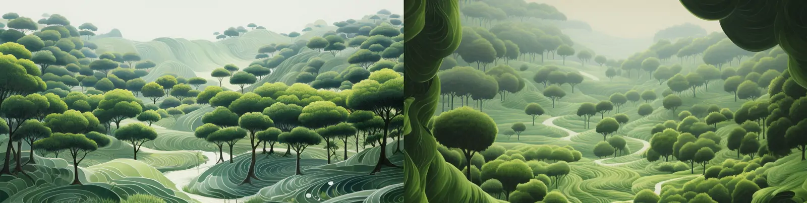 极简主义夏季绿色中国风国家地理森林植物宁静波纹插图海报背景midjourney关键词咒语