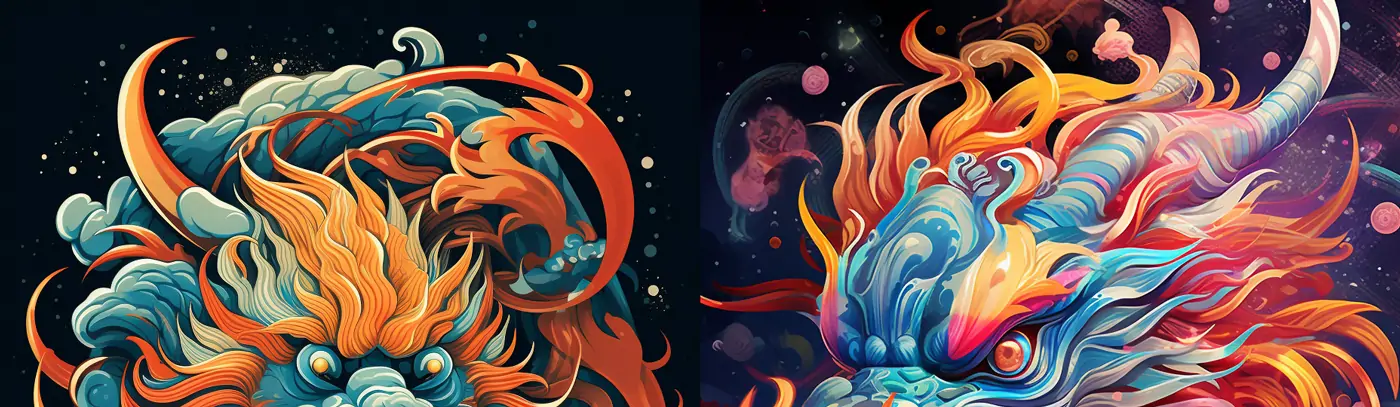 2024 年手绘逼真七彩龙中国节日新年象征插图绘画海报midjourney关键词咒语分享