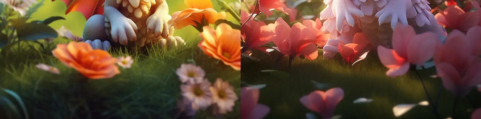 3D立体可爱卡通恐龙宝宝草坪花坛场景摄影海报Midjourney关键词提示词咒语