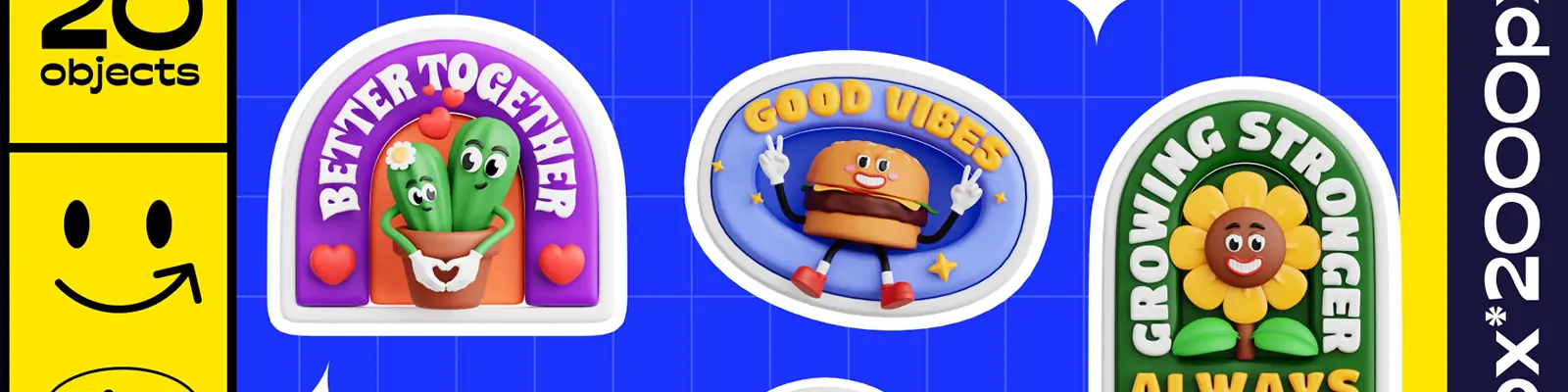 3D立体复古趣味卡通美食植物贴纸贴画图标插图blender设计素材模型