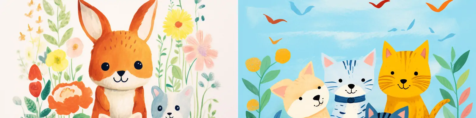 手绘可爱卡通儿童动物猫咪兔子狗狗小熊艺术插图绘画海报midjourney关键词咒语分享