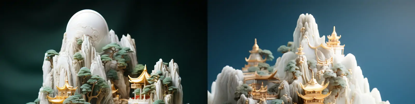 中国风东方传统自然山水风景建筑玉石金镶玉立体雕刻模型midjourney关键词咒语分享