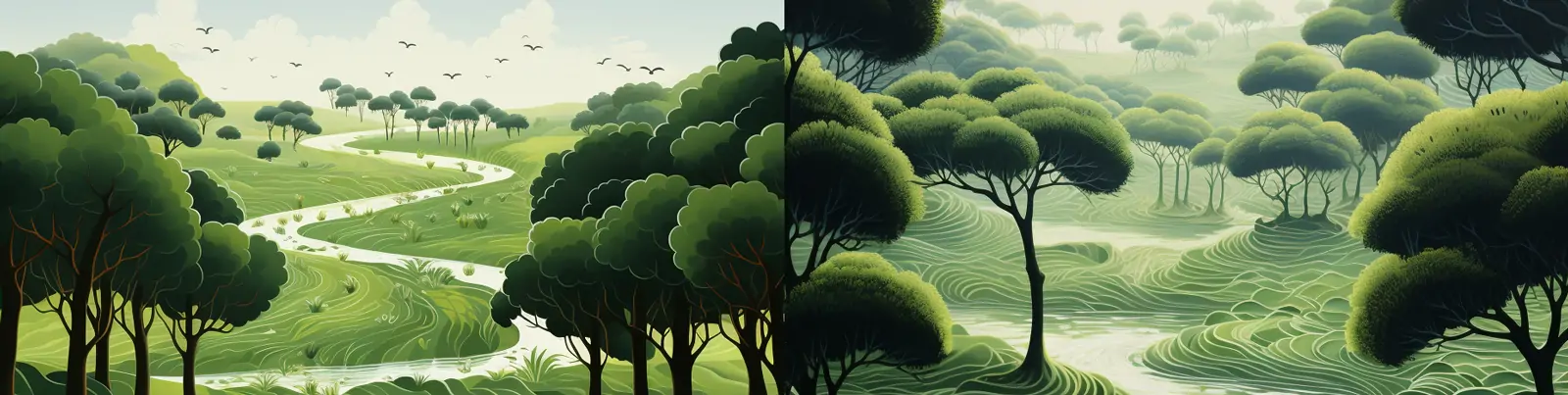 极简主义绿色中国风国家地理森林植物田园宁静波纹插图海报背景midjourney关键词咒语