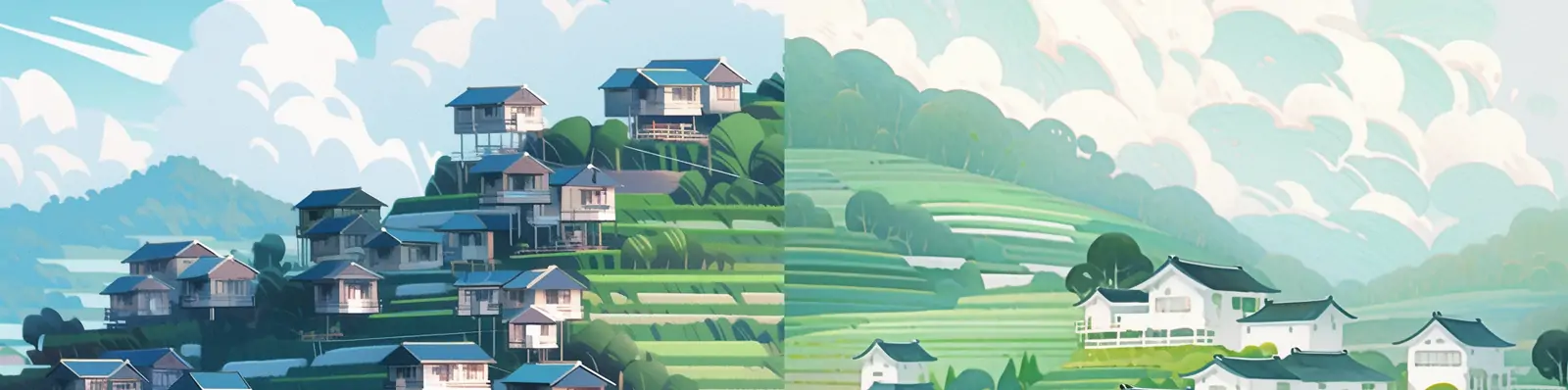 手绘极简主义唯美自然乡村绿色梯田建筑俯视图绘画插图海报midjourney关键词咒语分享
