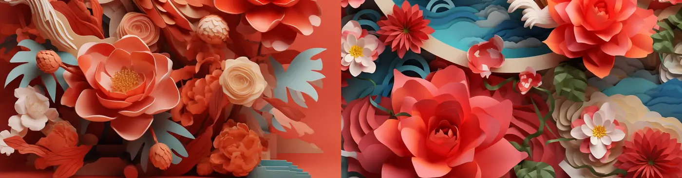 2024年中国新年元旦春节贺卡现代拼贴3D立体剪纸艺术插画海报midjourney关键词咒语