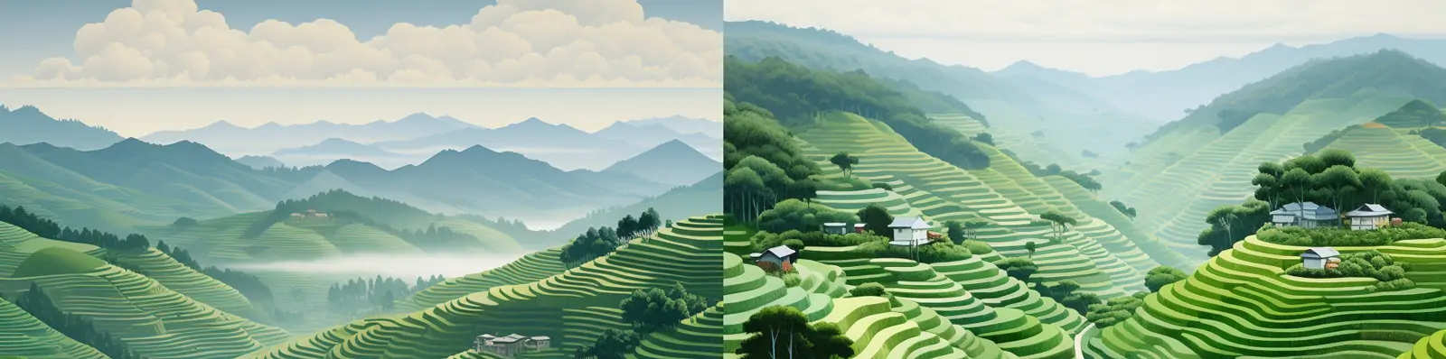 手绘极简主义唯美自然乡村绿色梯田山水风景俯视图绘画插图海报midjourney关键词咒语