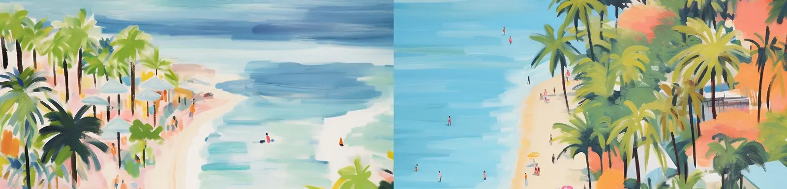 手绘水粉现代画笔线条夏天海滩旅行度假场景鸟瞰图插图海报midjourney关键词咒语分享