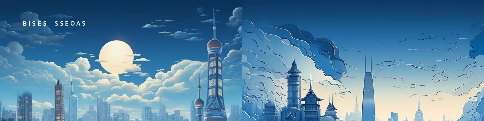 手绘蓝色现代城市建筑艺术线条场景插图绘画摄影海报midjourney关键词咒语分享