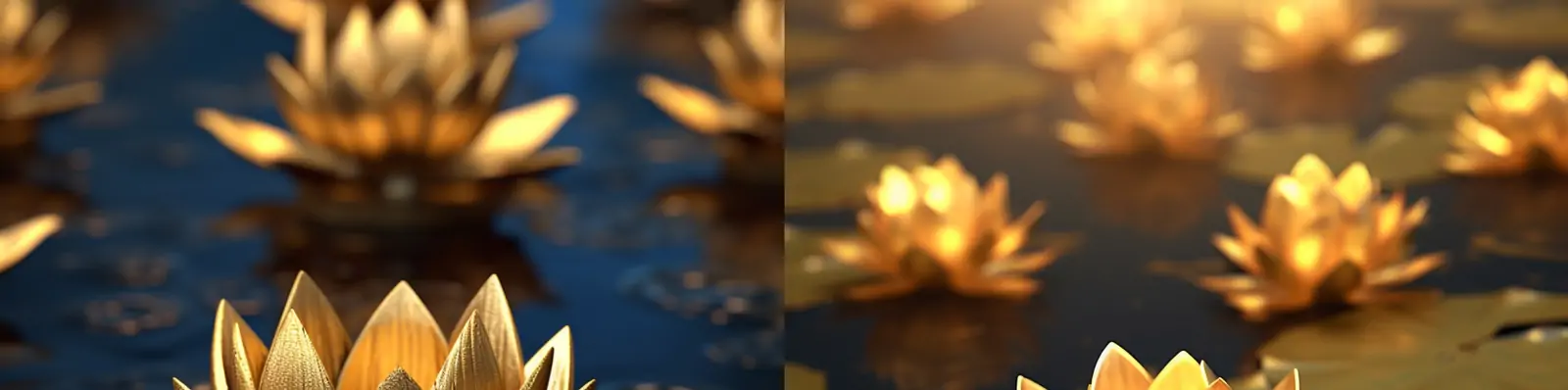 创意金色立体莲花漂浮水面建筑装饰工艺品艺术摄影海报midjourney关键词咒语