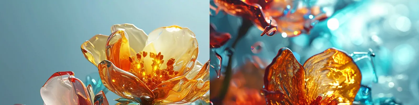 创意超现实彩色透明鲜花空灵艺术雕塑艺术摄影特写海报midjourney关键词咒语