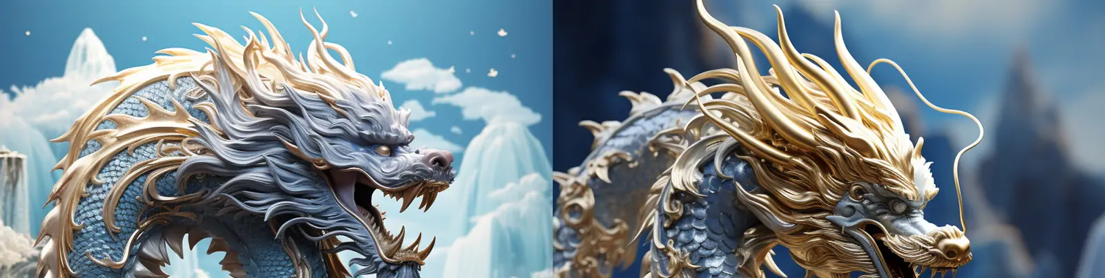 中国风龙年蓝色玛瑙镶金3D逼真立体龙雕塑模型摄影海报midjourney关键词咒语