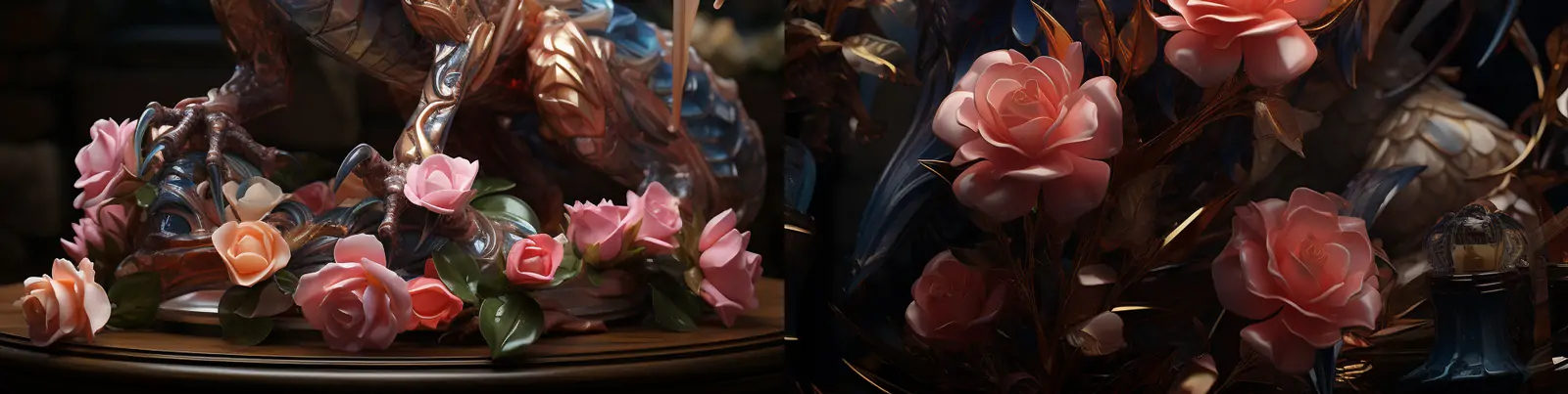 创意全息3D立体半透明全息动物龙挥动翅膀玫瑰模型艺术摄影海报midjourney关键词咒语