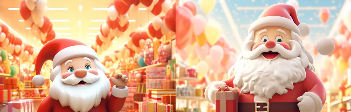 创意圣诞节卡通圣诞老人逛超市送礼促销氛围Midjourney关键词提示词咒语