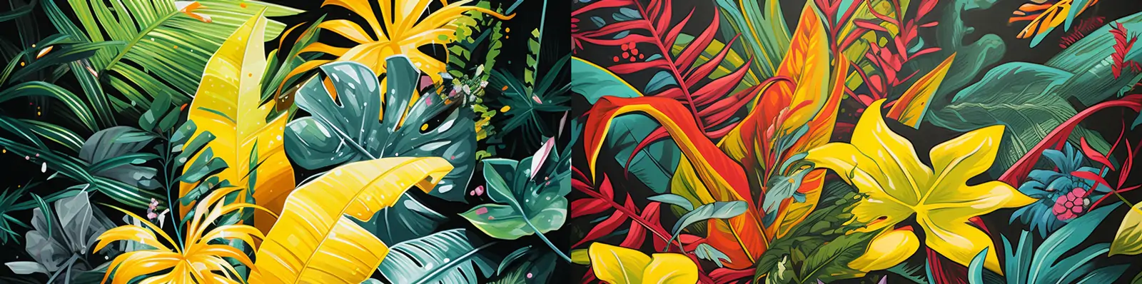 手绘黄色热带植物树叶涂鸦嘻哈美学静物矢量绘画插图海报背景Midjourney关键词提示词咒语