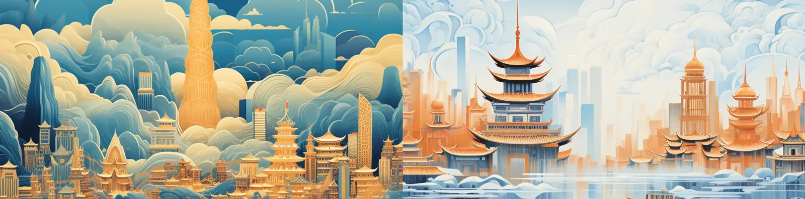 手绘中国风现代城市建筑金色阁楼艺术线条插图绘画海报midjourney关键词咒语分享