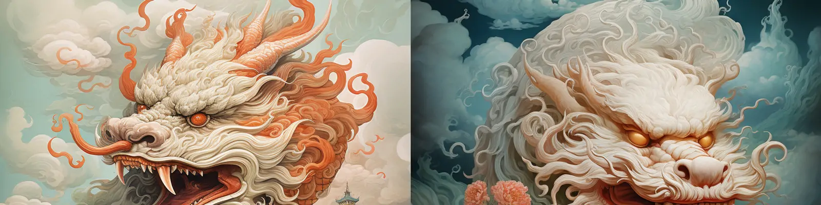手绘逼真立体中国龙动物云朵穿梭特写艺术绘画插图海报midjourney关键词咒语