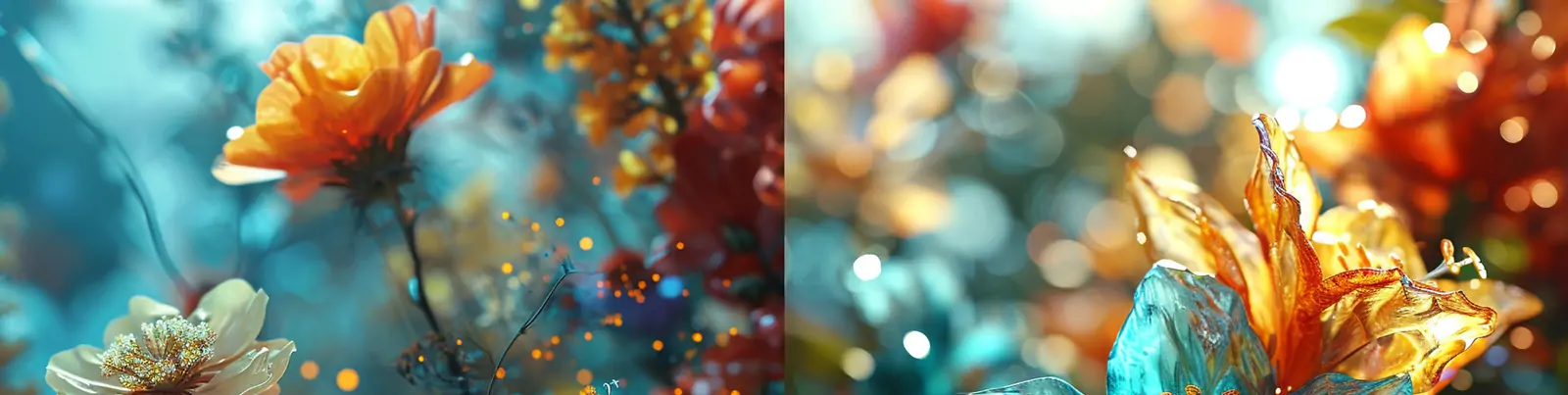 创意超现实彩色透明鲜花空灵艺术雕塑艺术摄影特写海报midjourney关键词咒语