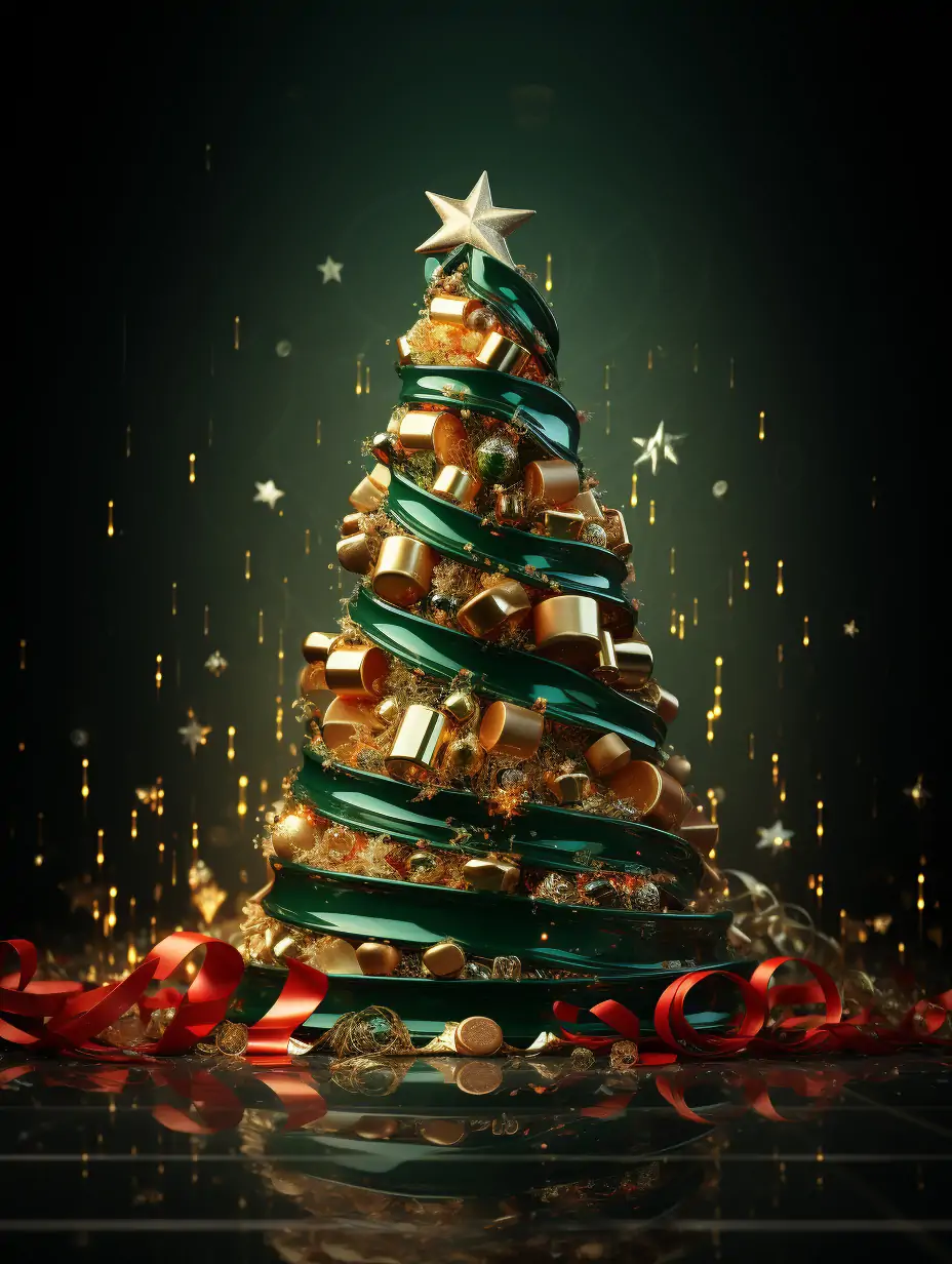 极简主义绿色圣诞节圣诞树礼物金色丝带装饰杂志摄影封面海报背景midjourney关键词咒语-Ai宇宙吧-