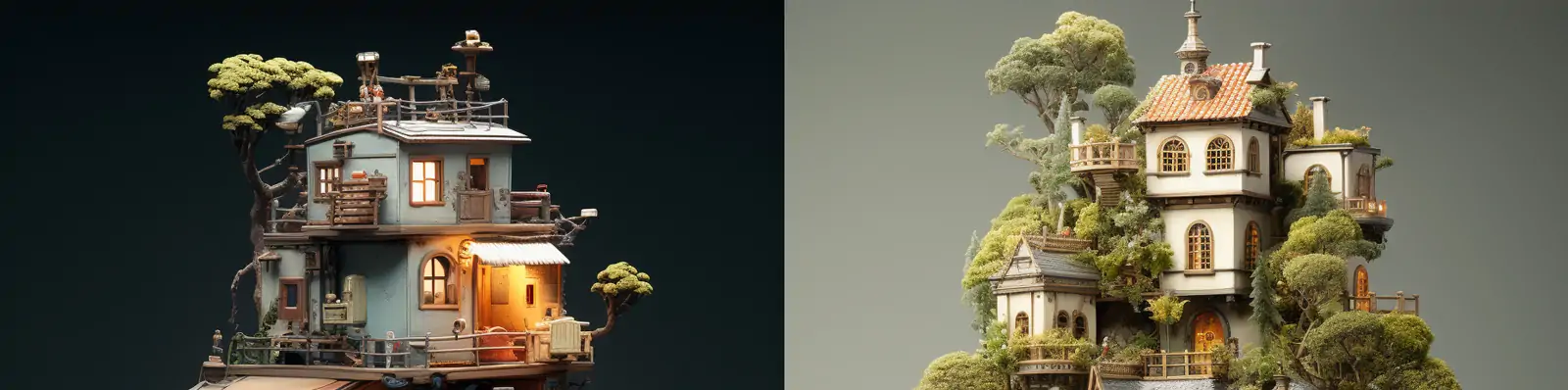 创意立体自然多层建筑房屋阁楼树木玩偶之家模型摄影海报midjourney关键词咒语分享