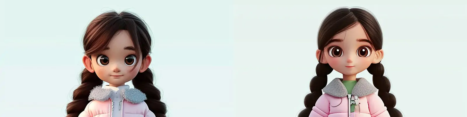 手绘动漫可爱卡通女孩人物形象粉色羽绒服3D立体插图midjourney关键词咒语