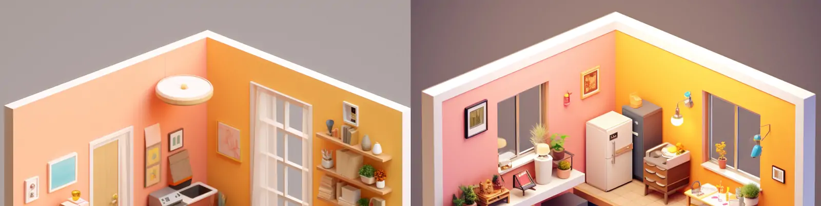 复古可爱立体卡通建筑房间家具装饰玩具屋风格等距插图海报midjourney关键词咒语