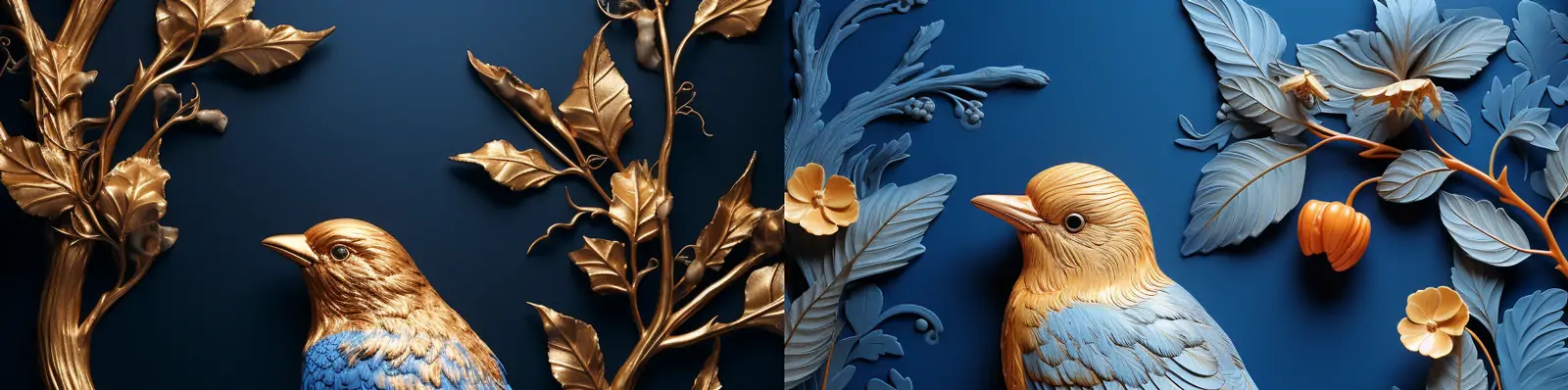 中国古代艺术工笔蓝色背景金色鸟植物树叶精致浮雕奢华插图海报midjourney关键词咒语分享