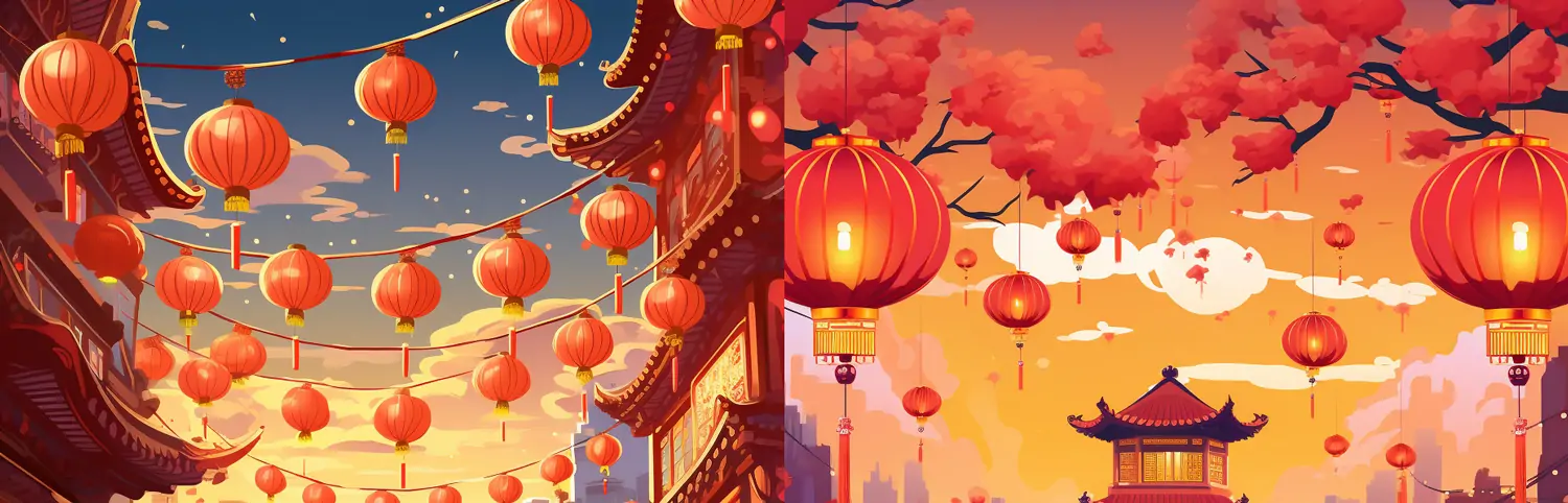 中国风街景喜庆中国年春节元旦节日灯笼Midjourney关键词提示词咒语