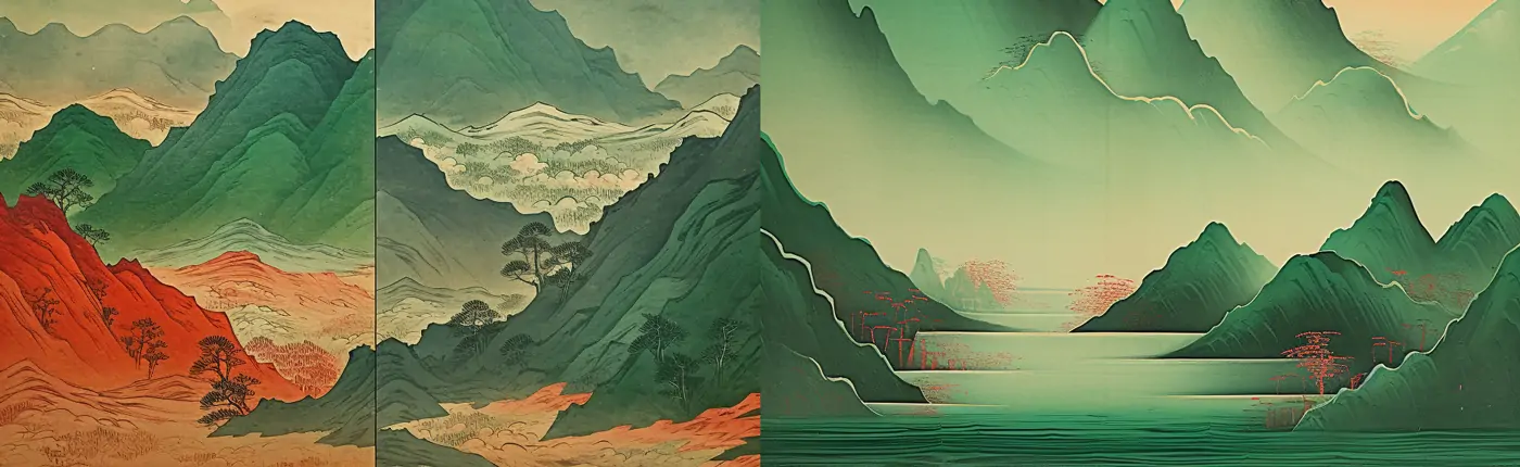 中国风山水自然风景壁纸壁画装饰插图绘画海报背景midjourney关键词咒语分享
