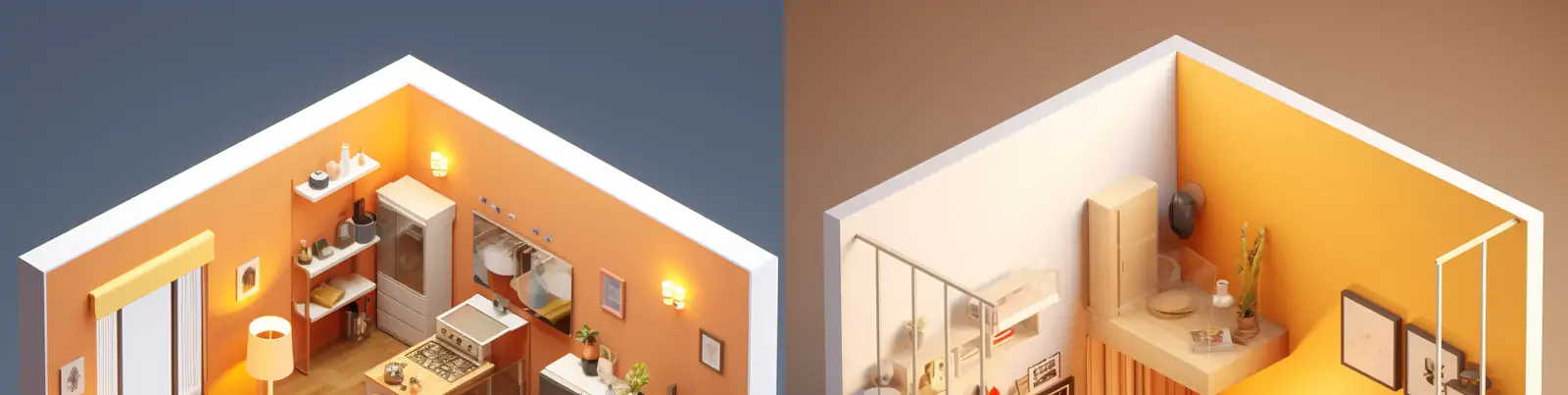 复古可爱立体卡通建筑公寓房间家具装饰玩具屋风格等距插图海报midjourney关键词咒语