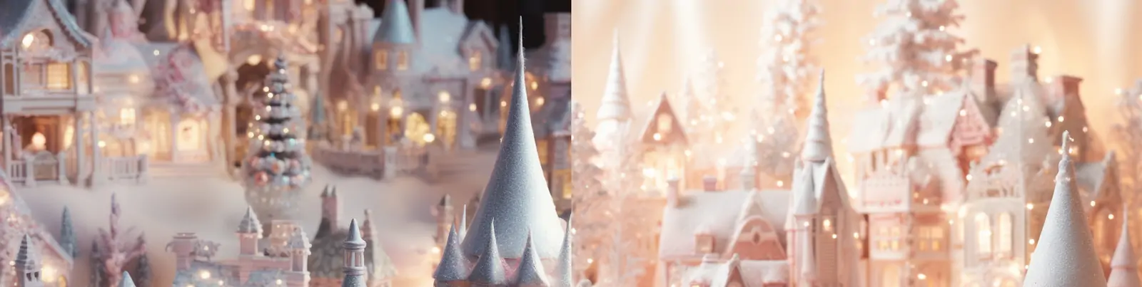 梦幻全息粉色冬天圣诞节圣诞小屋村庄城堡建筑场景艺术摄影海报midjourney关键词咒语