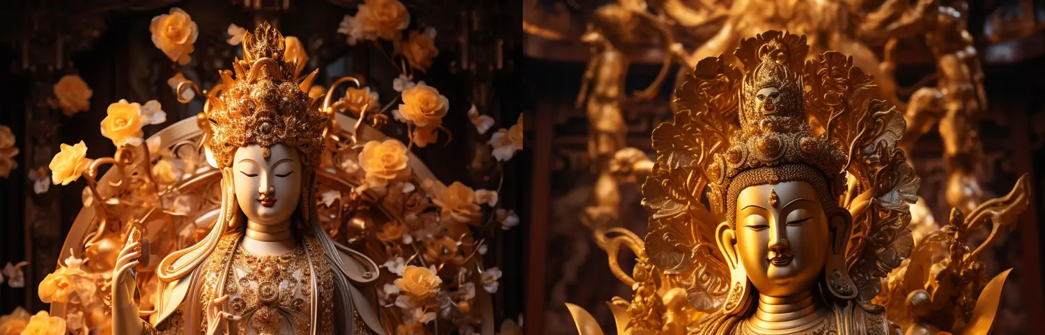 金色殿堂庙宇佛像如来观音菩萨Midjourney关键词提示词咒语：