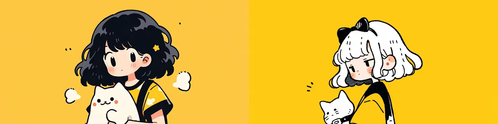 手绘可爱动漫卡通连衣裙小女孩人物白色小猫线条插图漫画涂鸦海报midjourney关键词咒语