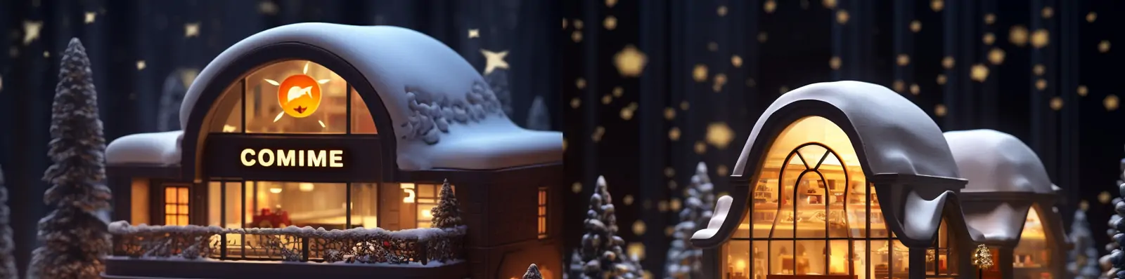 创意立体冬天圣诞节气氛温馨商店小屋建筑灯光景观场景摄影海报midjourney关键词咒语分享