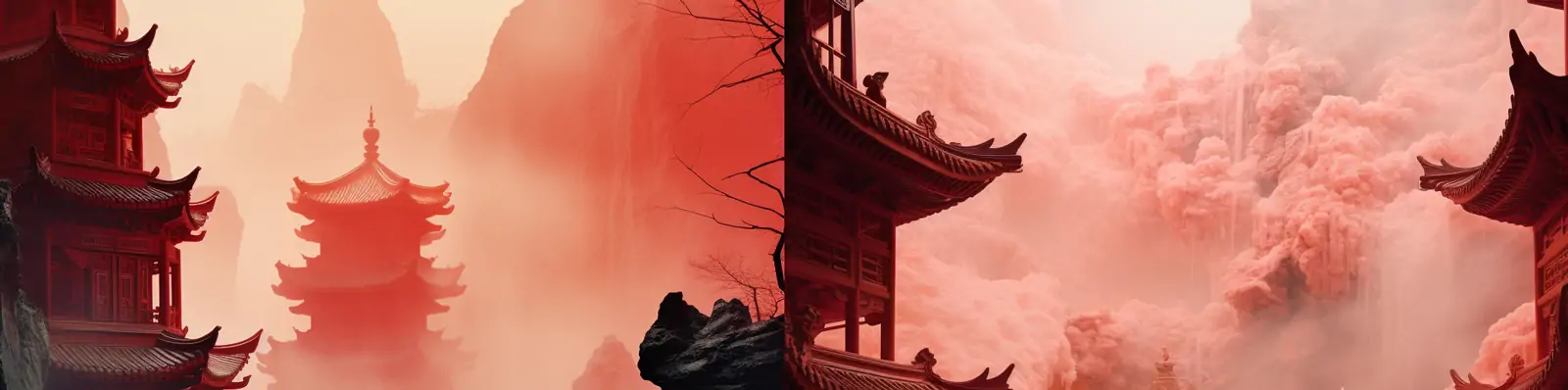 中国风山水风景雾蒙蒙山脉古庙建筑场景插图海报midjourney关键词咒语分享