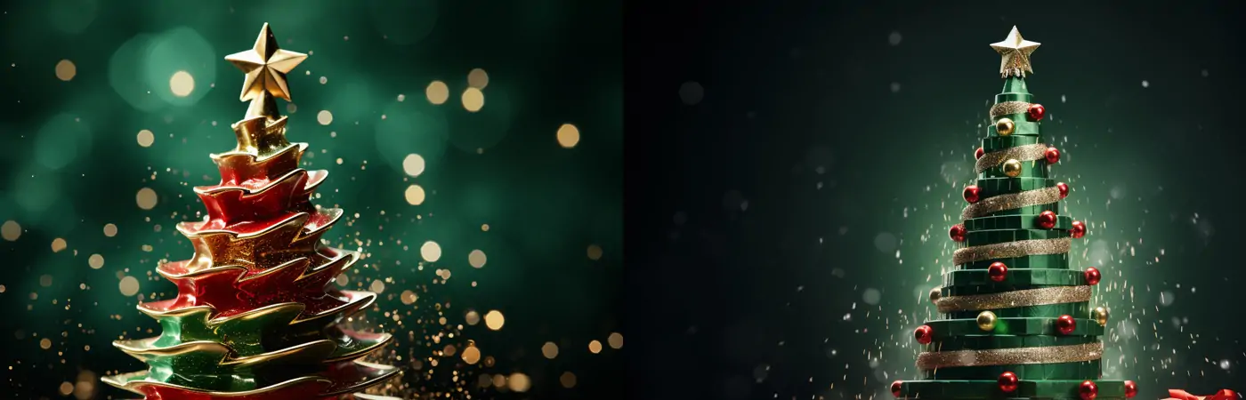 极简主义绿色圣诞节圣诞树礼物金色丝带装饰杂志摄影封面海报背景midjourney关键词咒语