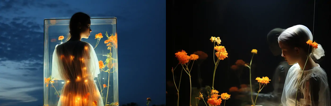 透明塑料服饰设计模特鲜花人物背影肖像Midjourney关键词提示词咒语