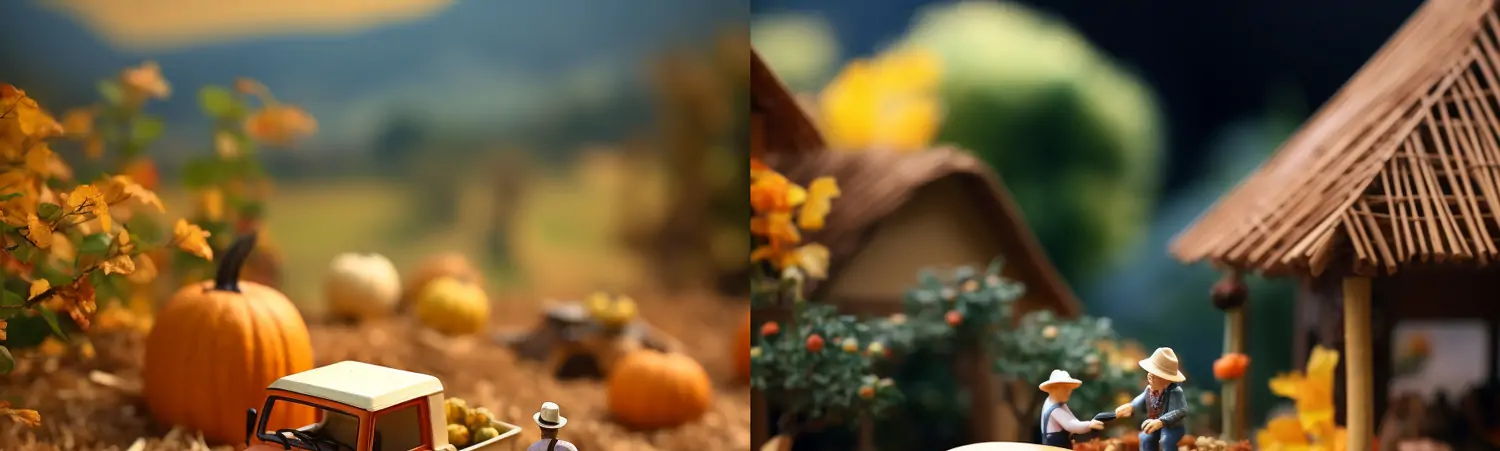 创意微观世界农民伯伯南瓜丰收果园卡车写实场景摄影海报midjourney关键词咒语