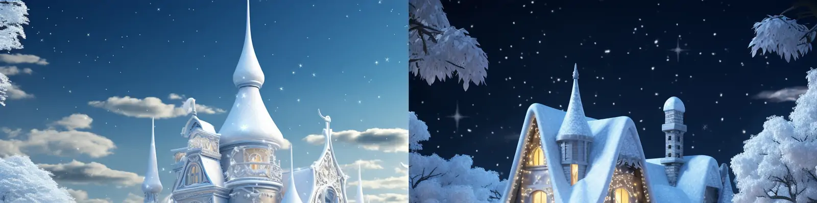 手绘唯美浪漫冬天雪景圣诞节雪橇童话城堡建筑场景插图海报midjourney关键词咒语分享