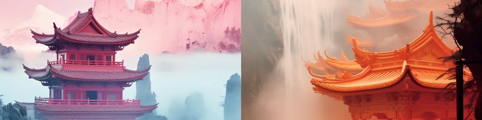 中国风山水风景雾蒙蒙山脉古庙建筑场景插图海报midjourney关键词咒语分享