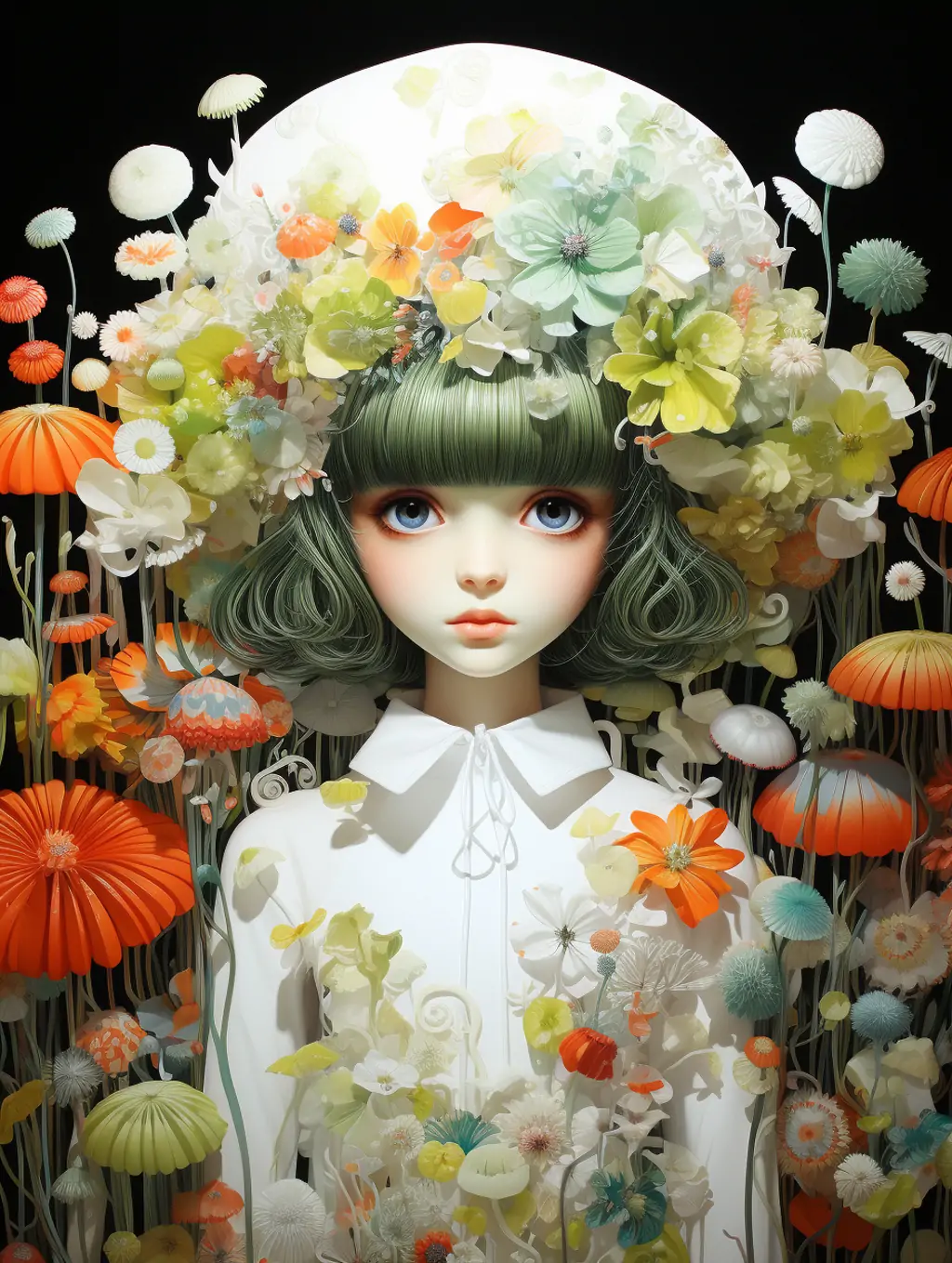 Midjourney - 创意手绘动漫卡通可爱女孩鲜花植物森林艺术插图绘画海报midjourney关键词咒语分享 动漫卡通-Ai宇宙吧-