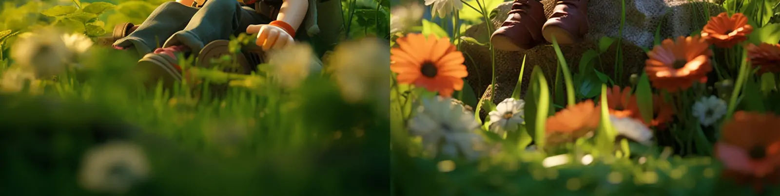 C4D立体可爱动漫卡通男孩女孩人物丛林草坪鲜花植物场景摄影海报midjourney关键词咒语分享